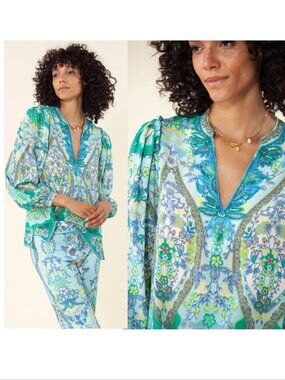 HALE BOB Madison 100% SILK Blouse Top Size XS Turquoise Blue Floral NEW $388
